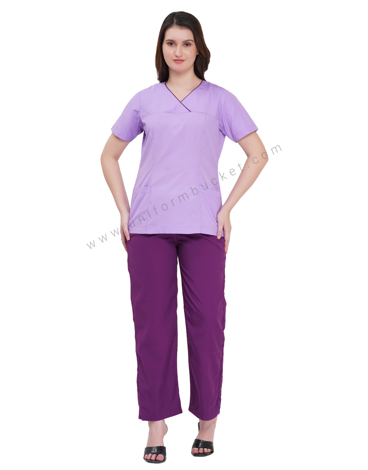 LIGHT PURPLE CROSSOVER NECK FEMALE TOP WITH MAGENTA PIPING view 2